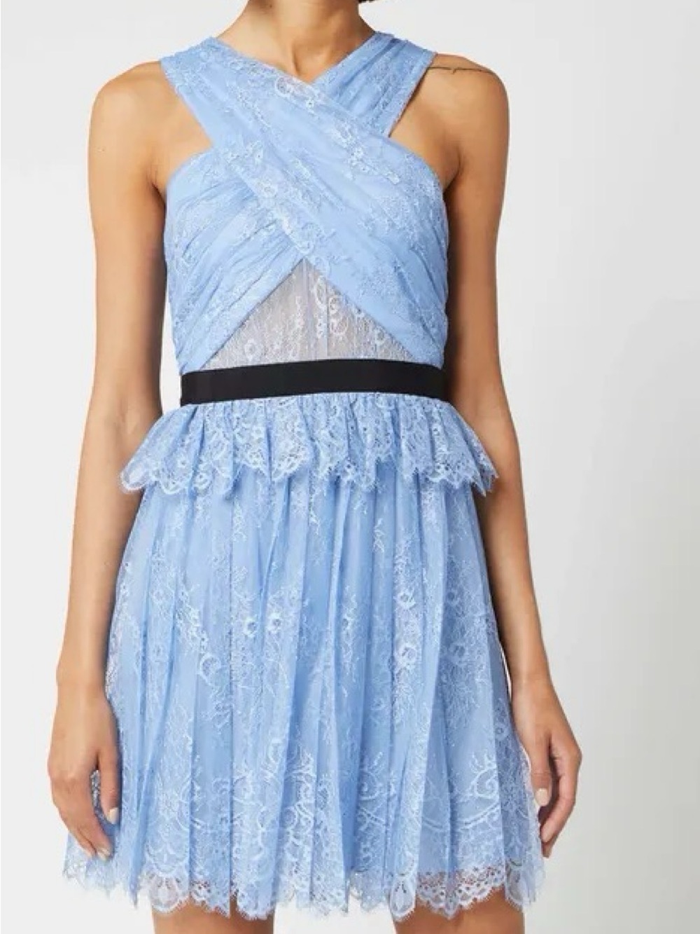 Self-Portrait Powder Blue Lace Mini Dress with Black Waistband